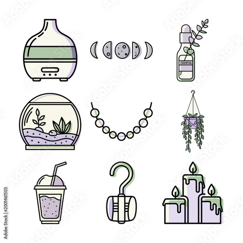 whimsical skincare spa lifestyle illustration with diffuser moon phases and hanging plants or soft pastel spa decor collection with diffuser essential oil bottle terrarium and candles