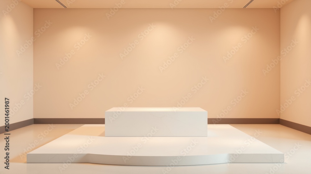 Fototapeta premium Empty gallery space features pedestal. Soft lighting highlights minimalist design, creating calm atmosphere. Clean lines dominate presentation.
