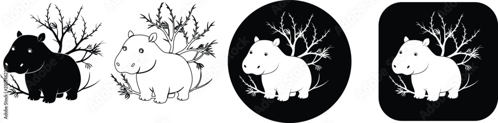 Obraz premium Set of Minimalist Wolf and Wild Animal Nature Landscape Vector Icons in Detailed Black and White Silhouette and Outline Styles