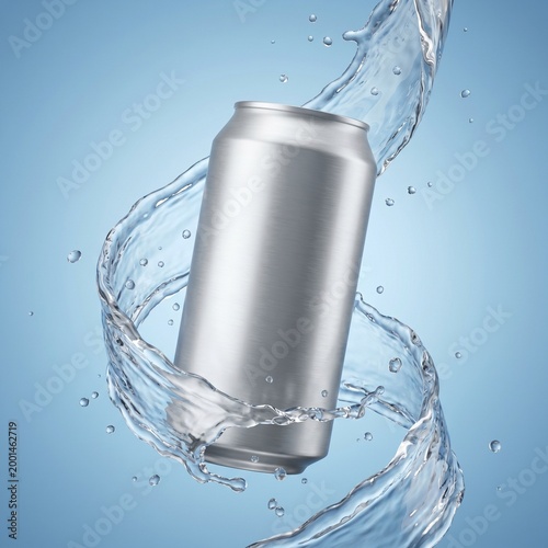 Drink can wrapped in flowing water ribbon