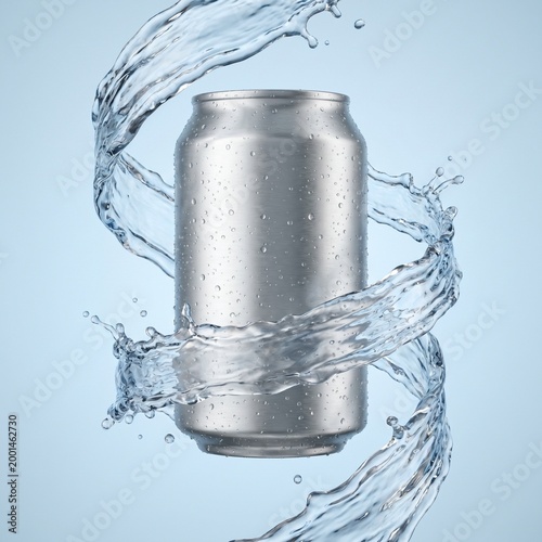 Drink can wrapped in flowing water ribbon