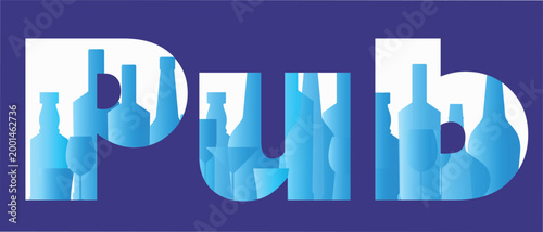 A stylish "PUB" banner in rich blue tones. The design features digital abstraction with recognizable beer bottle outlines within the font. A perfect solution for pubs, craft bars, and social media