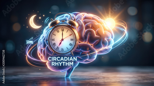 A vibrant, digitally rendered image showcases the concept of circadian rhythm. A detailed, translucent brain is centrally positioned, radiating light from a bright sun.