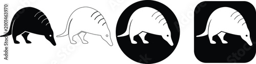 Set of Minimalist Armadillo and Pangolin Wild Animal Vector Icons in Detailed Black and White Silhouette and Outline Styles