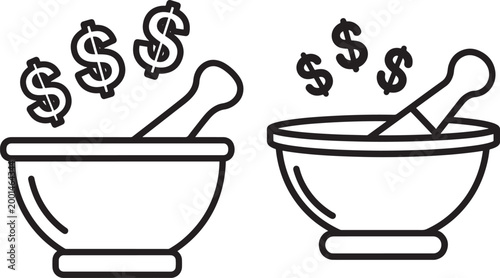 Mortar and pestle with dollar signs icon vector