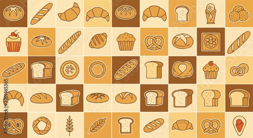 Bakery delights assorted bread and pastry icons on checkered background