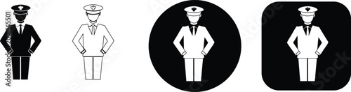 Set of Professional Pilot and Captain Vector Icons in Detailed Black and White Silhouette and Outline Styles