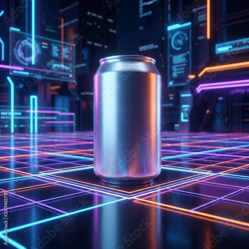 Drink can emerging from neon grid floor