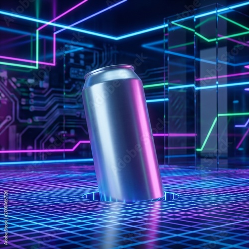 Drink can emerging from neon grid floor