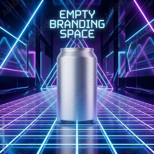 Drink can emerging from neon grid floor