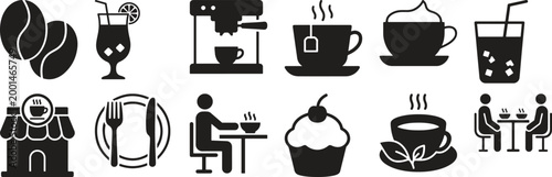Black and white of people, animals, and abstract symbols in a grid layout silhouette style