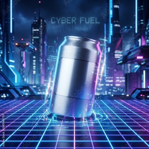Drink can emerging from neon grid floor