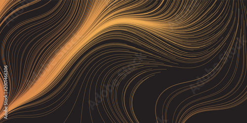 Abstract digital background featuring flowing golden and orange wavy lines sweeping across a dark background. Dense bundles of curved stripes converge and diverge in a dynamic, fluid motion pattern
