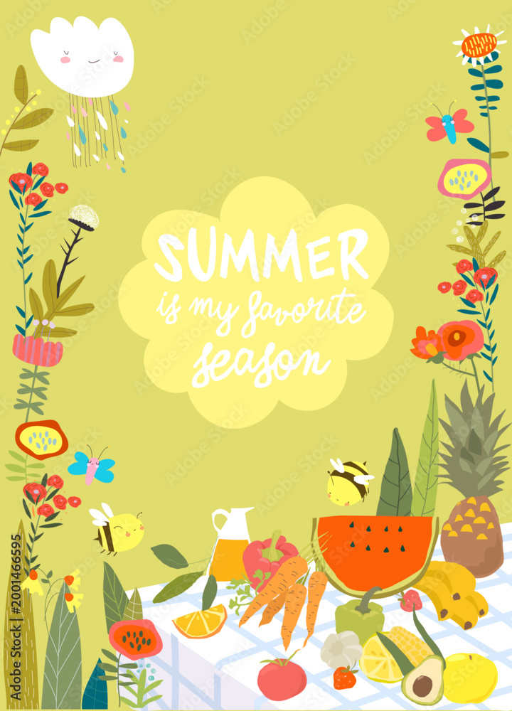 Fototapeta premium Table With Delicious Fruits and Vegetables in Summer Flowers Frame