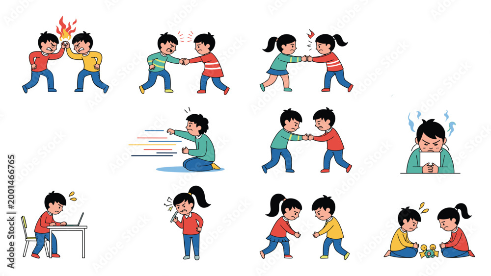 Fototapeta premium Illustrations of children expressing anger and fighting over toys to show negative emotions and behavioral problems in kids.