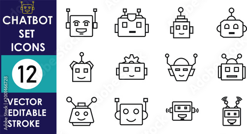Set of chatbot icons featuring robot faces, speech bubbles, and AI symbols in outline style, editable stroke vector collection isolated on light clean background