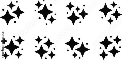 Tableau sur toile Eine Sammlung schwarzer Glitzer-Icons, jedes mit drei Sternen und mehreren Punkten, auf weißem Hintergrund dargestellt