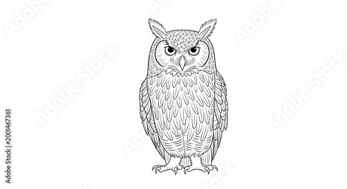 An owl is depicted in a detailed black and white line drawing. The owl is centered on a plain white background.