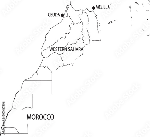 Black and white outline map of morocco and western sahara showing ceuta and melilla