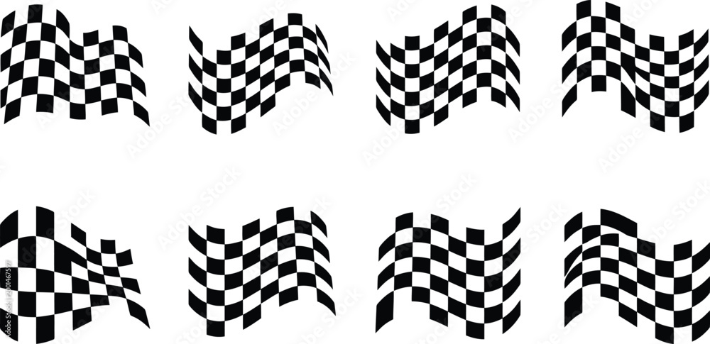 Fototapeta premium Conjunto de banderas de cuadros blancos y negros ondeando en diferentes ángulos.