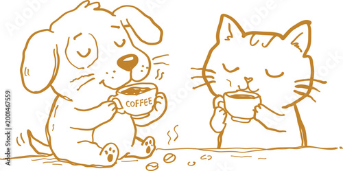 Hand-drawn doodle of a cute puppy and a kitten sitting together, both happily drinking hot coffee from small ceramic mugs