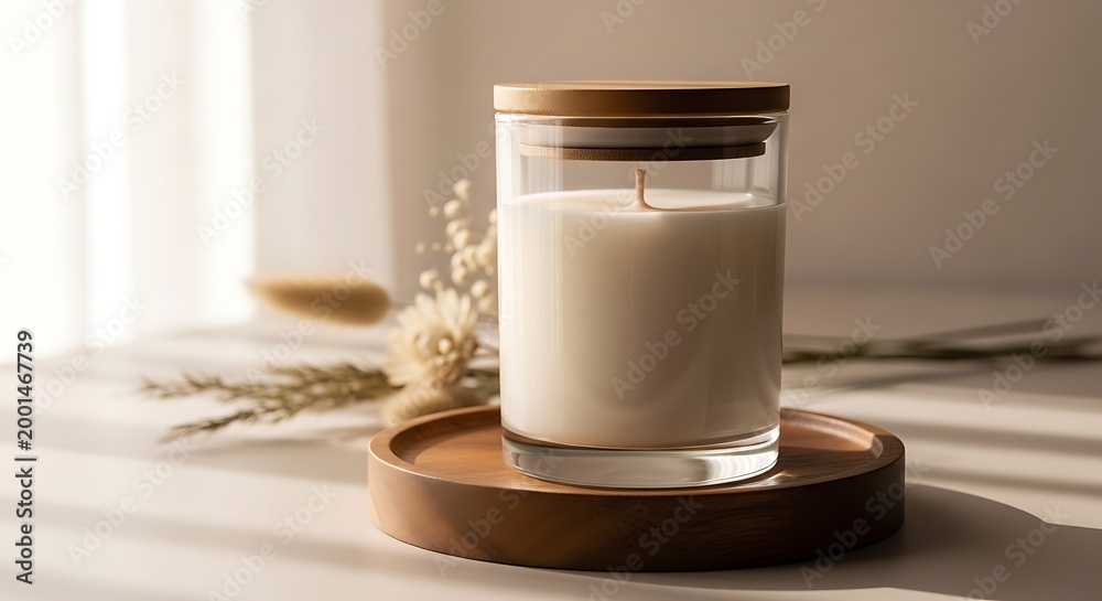 Obraz premium Minimalist Glass Candle with Wooden Lid on Tray.