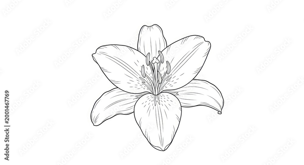 Obraz premium A detailed black and white line drawing depicts a lily flower. The flower’s petals are elegantly curved and textured, showcasing intricate details. The flower’s center is visible