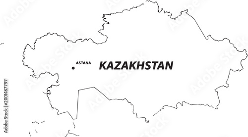 Obraz na płótnie Simple black and white outline map of kazakhstan with astana city location marke
