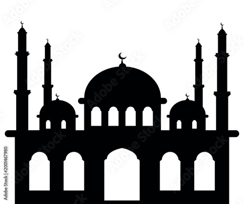 Mosque Silhouette Vector with Domes, Minarets, and Crescents