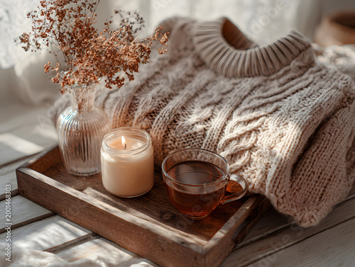 Cozy setup with a warm drink, candle, flowers, and a knitted sweater on a wooden tray in a sunlit room during the afternoon