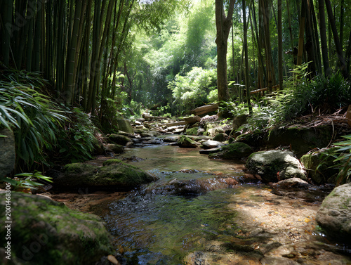 Bamboo forest with a stream and rocks under sunlight in the middle of nature near a water source