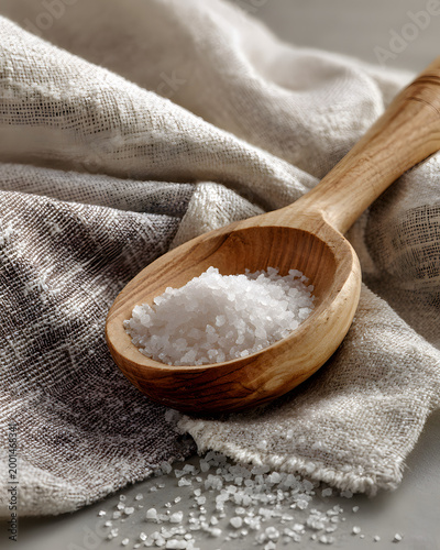Gathering salt in a wooden spoon on a linen cloth in a kitchen setting during daylight hours
