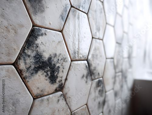 Close view of hexagon tiles on wall showing different patterns and textures in a domestic setting