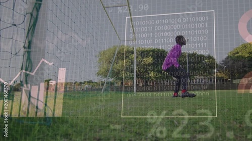 Teen GK spotting incoming shot stepping jumping and trying to save with sports HUD overlaying pitch