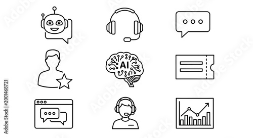 A collection of line icons depicting AI technology and customer service interactions with various communication and data visualization elements on uilkmn.