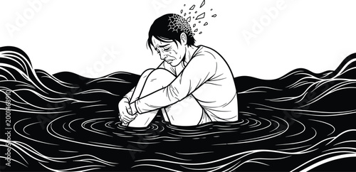 A vector illustration depicting a person experiencing profound emotional distress and despair, with their mind fragmenting into pieces in dark, overwhelming waters.