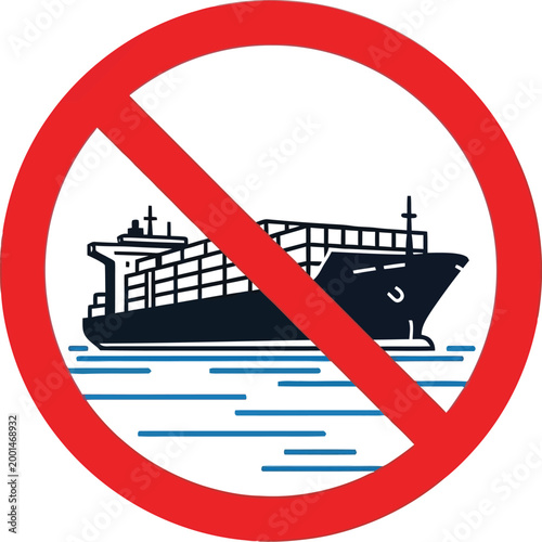 Prohibited cargo ship vector graphic illustration showing a large red circle with a diagonal slash crossing out a container vessel on the water