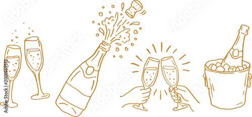 Hand-drawn doodle of champagne celebration with popping bottle, clinking glasses, and a bottle chilling in an ice bucket