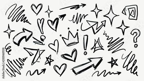 Doodle icons featuring hearts stars arrows crown question mark hand drawn design elements exclamation graphics scribble freehand illustration creative abstract whimsical