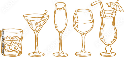 Hand-drawn doodle of five distinct alcoholic beverage glasses, including a whiskey tumbler, martini, champagne flute, and cocktail