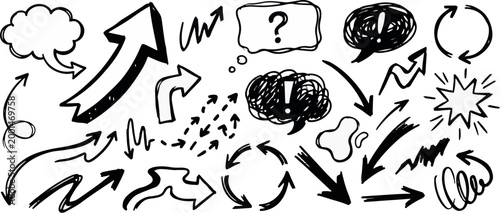 Collection of hand drawn arrows speech bubbles symbols with speech bubble thought bubble question mark design elements graphics illustration collection movement communication freehand