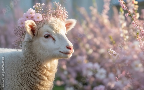 Adorable white lamb wearing a beautiful flower crown
