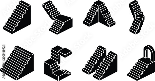 Colección de escaleras isométricas en blanco y negro que muestran diferentes formas y configuraciones.