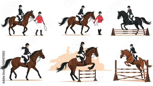 Collection of riders on horses performing dressage and show jumping maneuvers in a professional equestrian competition.