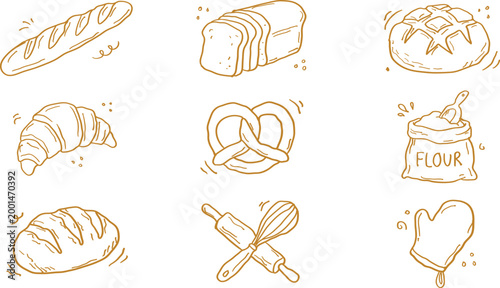 Hand-drawn doodle set of bakery including baguette, sliced bread, croissant, pretzel, flour sack, rolling pin, whisk, and oven mitt