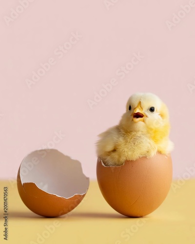 Adorable fluffy chick emerges from a cracked brown eggshell