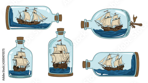 Detailed illustrations of several antique sailing ships meticulously placed inside glass bottles as decorative ornaments.