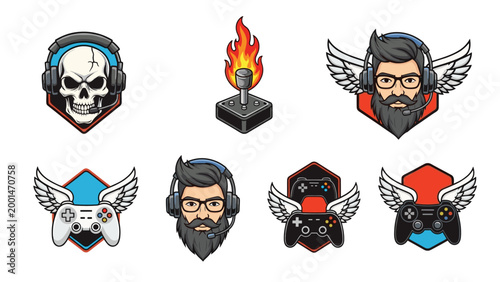 Gaming logo collection featuring a skull with headphones, joysticks, and bearded gamer characters for esports and streaming.