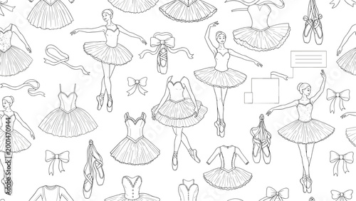 Seamless pattern of elegant ballerinas in different poses and ballet accessories like tutus and shoes in a delicate hand drawn style.