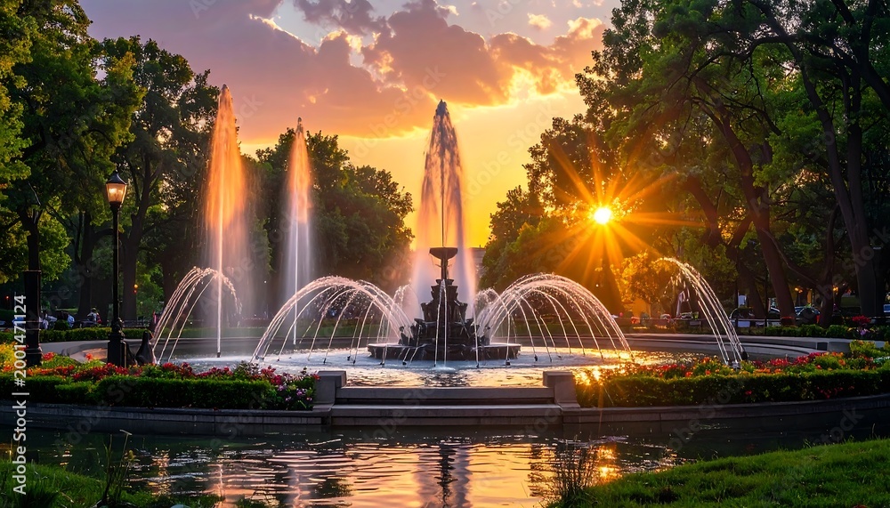 Fototapeta premium Ornate fountain sprays water, sunset backlights trees and sky